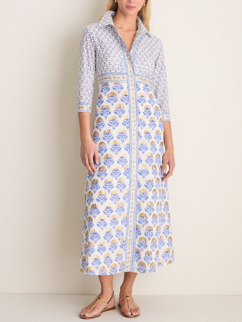 Oliphant Arbor Blue Maxi Shirt Dress NWT XS Cotton Voile Gold Print Resort Dress